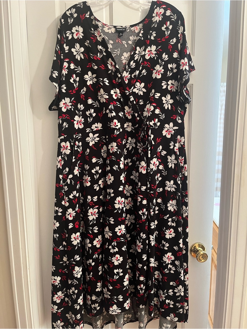 Floral Wrap-Front Black Dress with White & Red Flowers